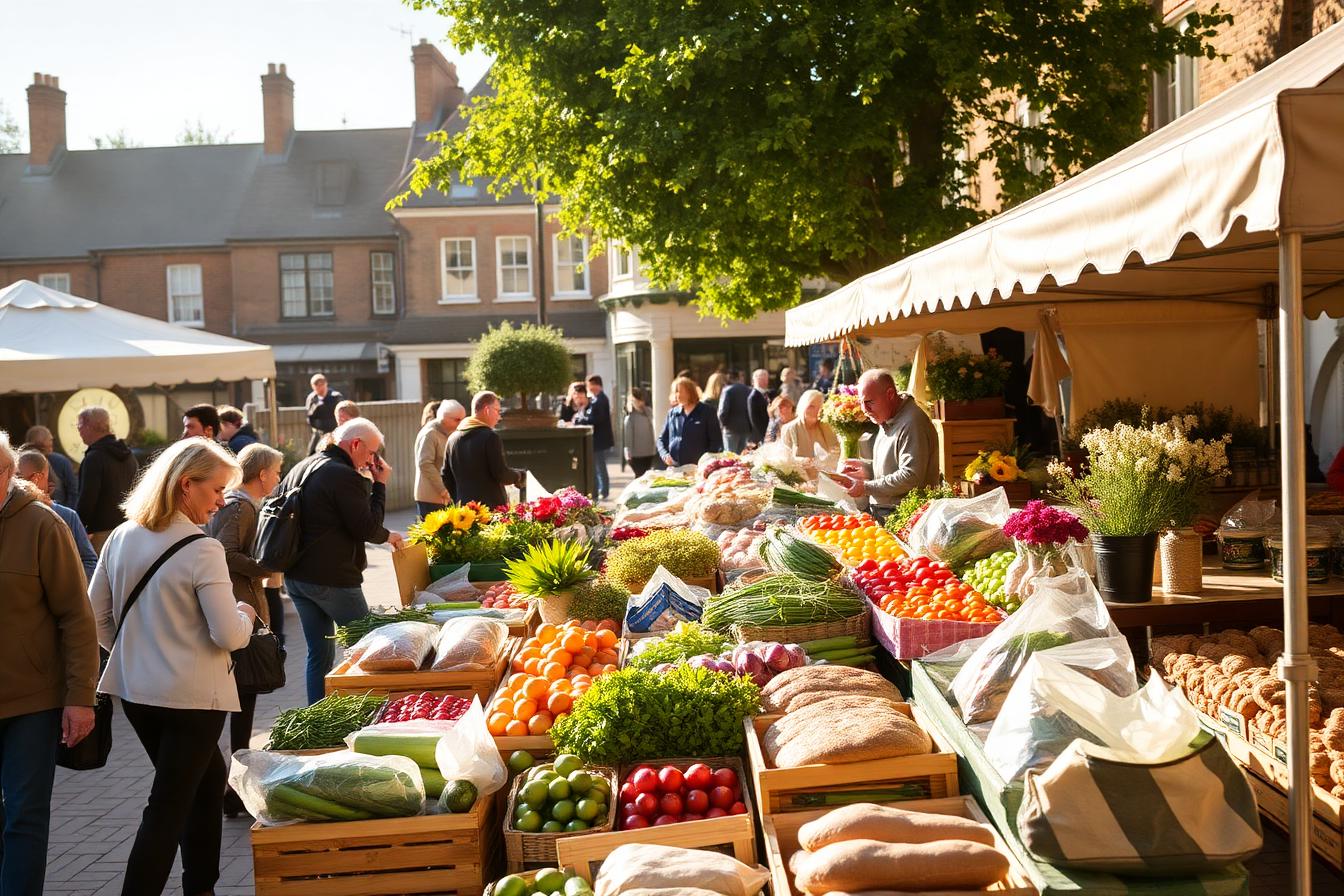 A busy outdoor farmers market stall in a British town square with fresh fruit, vegetables and bread